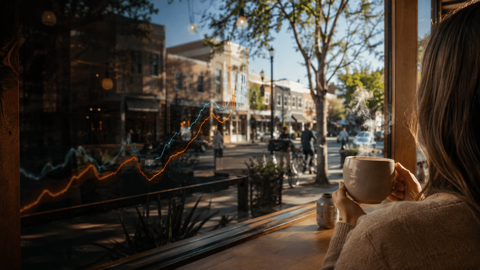 A glowing line chart over a downtown street, seen from a café window over a cup of coffee.