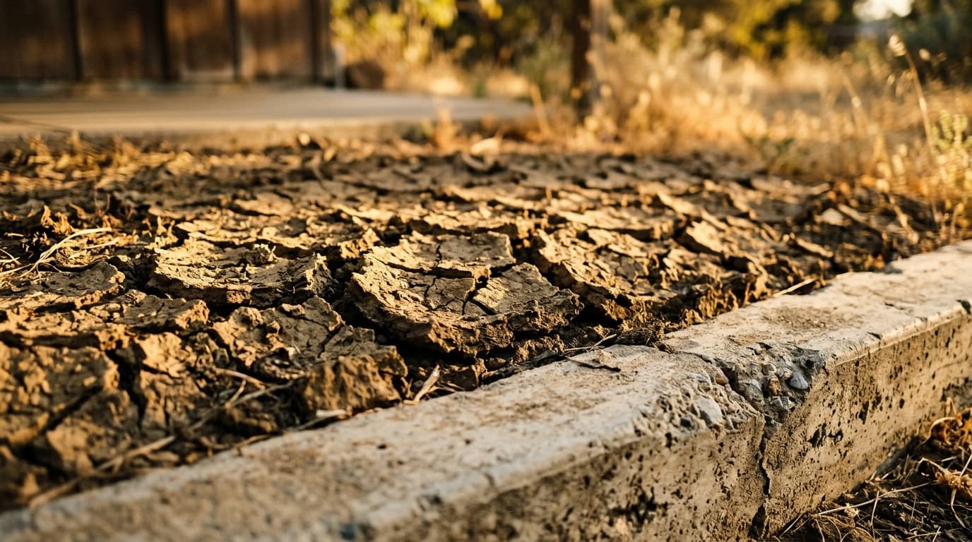 Close-up of dry, cracked valley clay soil meeting the edge of a concrete driveway in warm late-afternoon light.