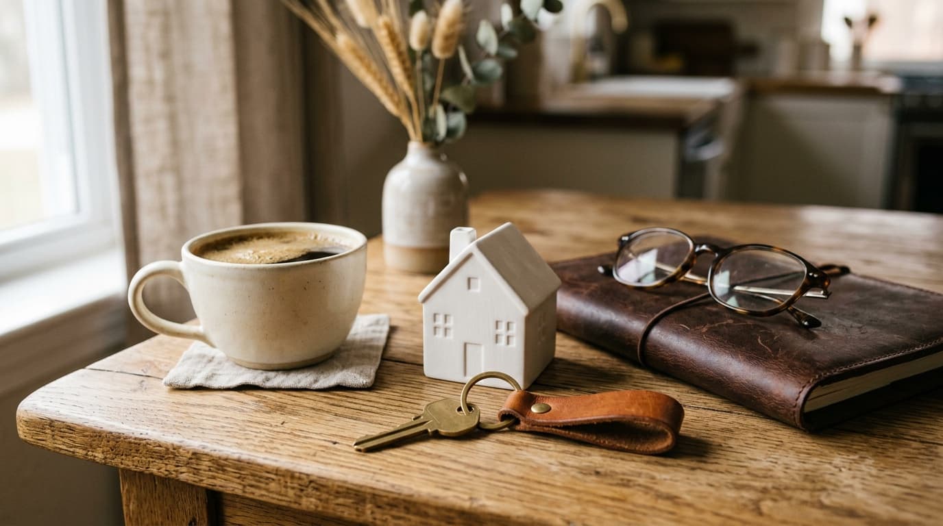 A folder of home improvement receipts and a closing statement on a kitchen table beside reading glasses, in soft morning light.