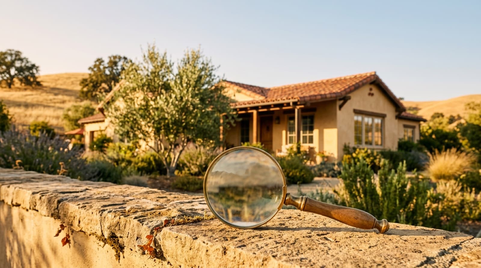 A brass magnifying glass resting on a sunlit stone garden wall in front of a single-story Spanish-style home with a tile roof, olive tree, and golden hills behind it.