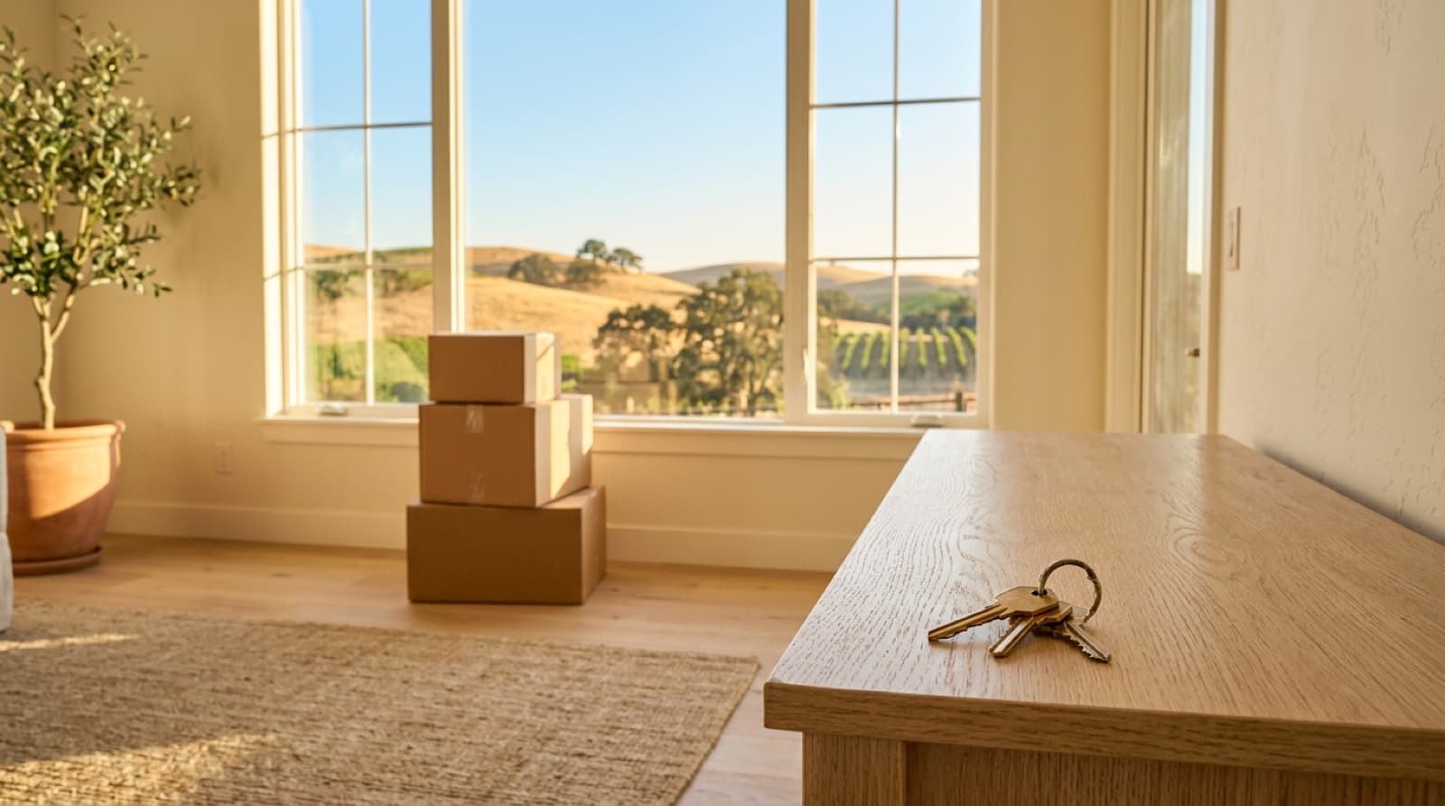 A ring of house keys on a light oak table in a sunlit living room, with a short stack of moving boxes by a window that looks out on golden hills and vineyard rows.