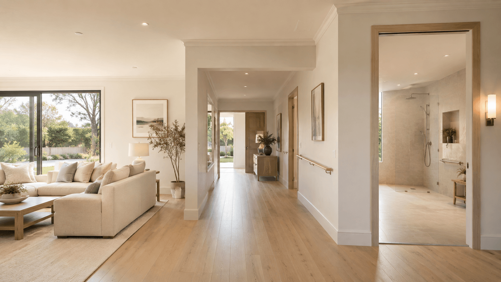 A bright open-concept living room and kitchen with large windows and light wood floors.