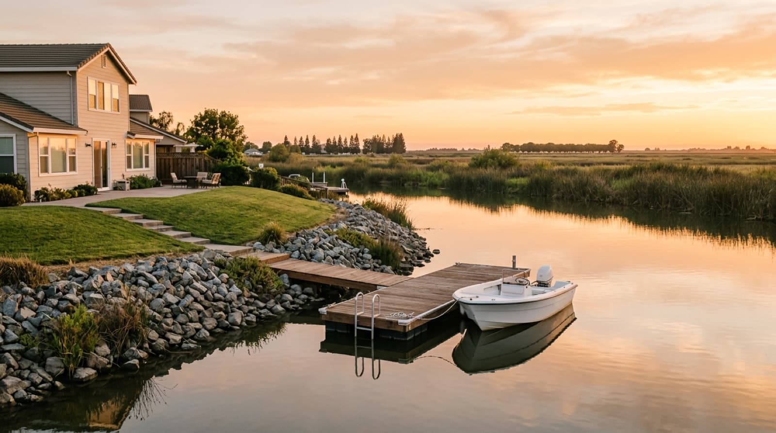 A two-story home above a grassy slope and rock-lined shore, with a wooden dock and a small white boat on a calm Delta waterway at sunset.