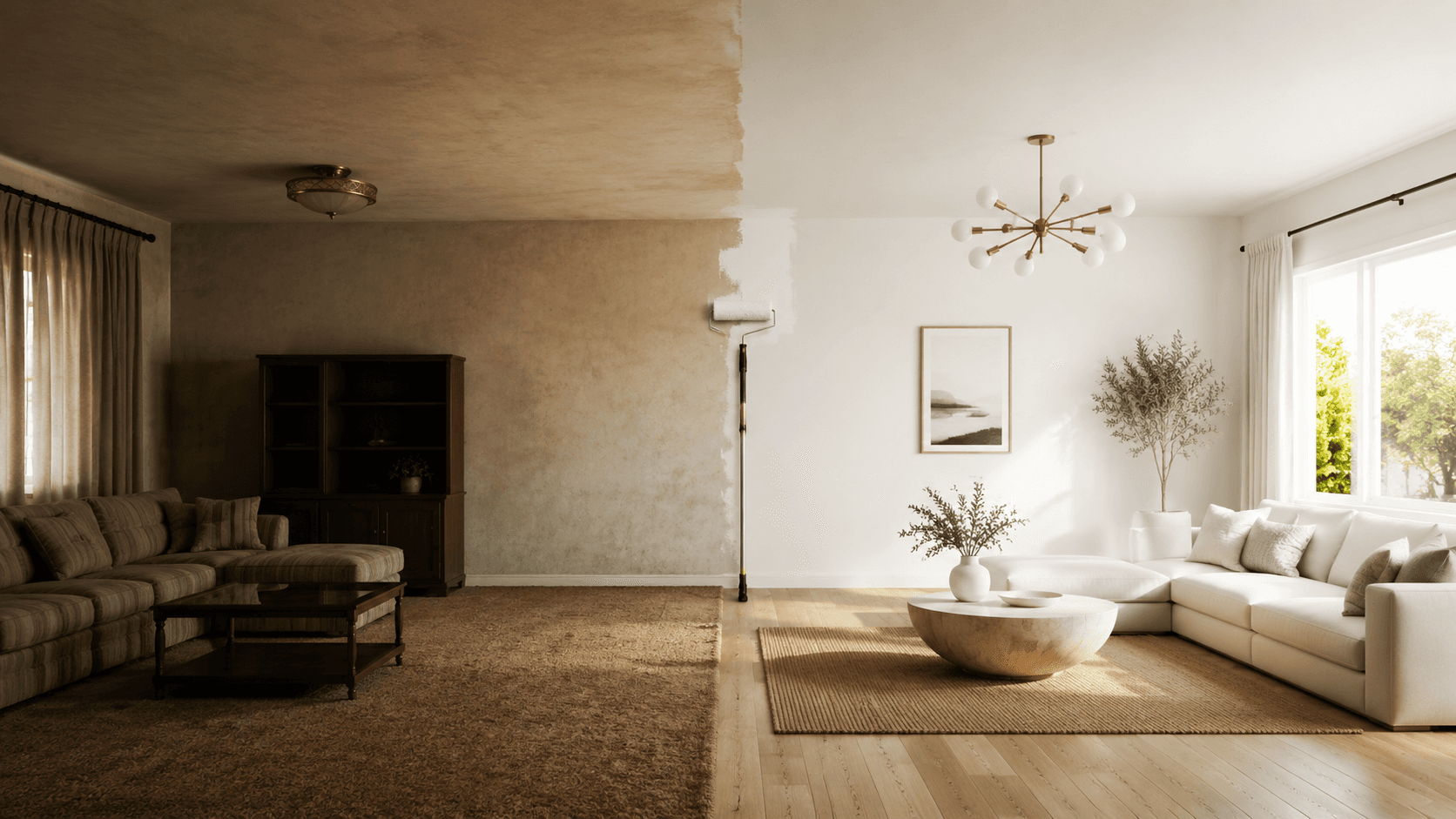 A living room shown before and after a home renovation.