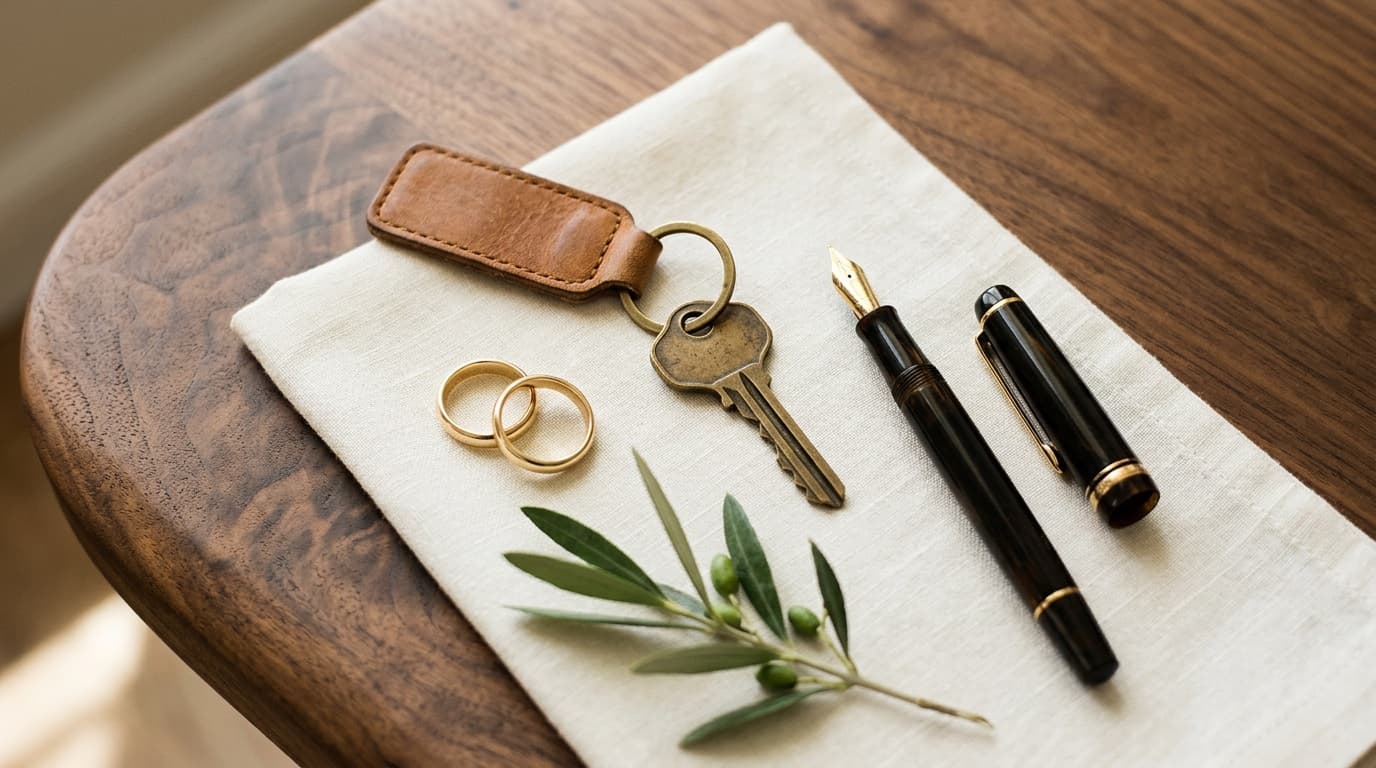 A grant deed and a fountain pen resting on a wooden kitchen table beside a set of house keys, in soft morning light.