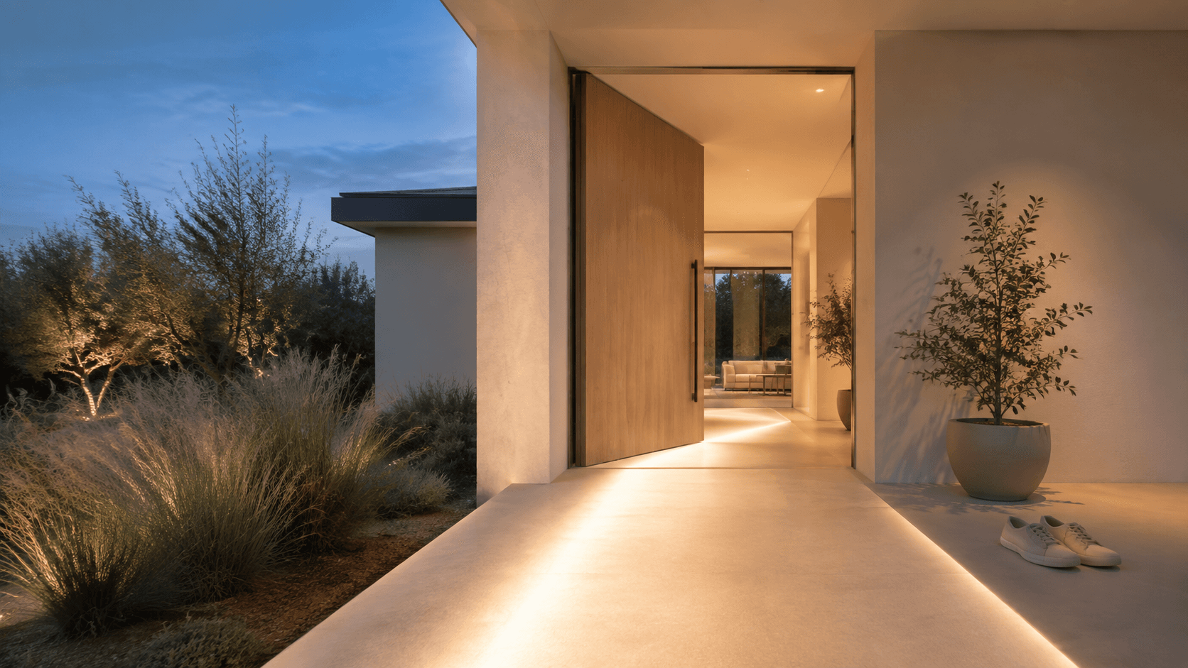 A single-story home with a no-step front entry and a short walkway to the door.