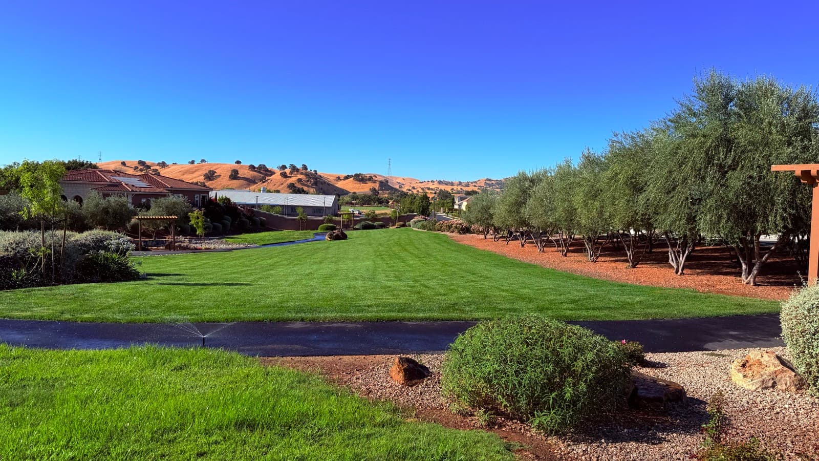 Greenbelt and homes at Trilogy at the Vineyards, with the Brentwood hills behind