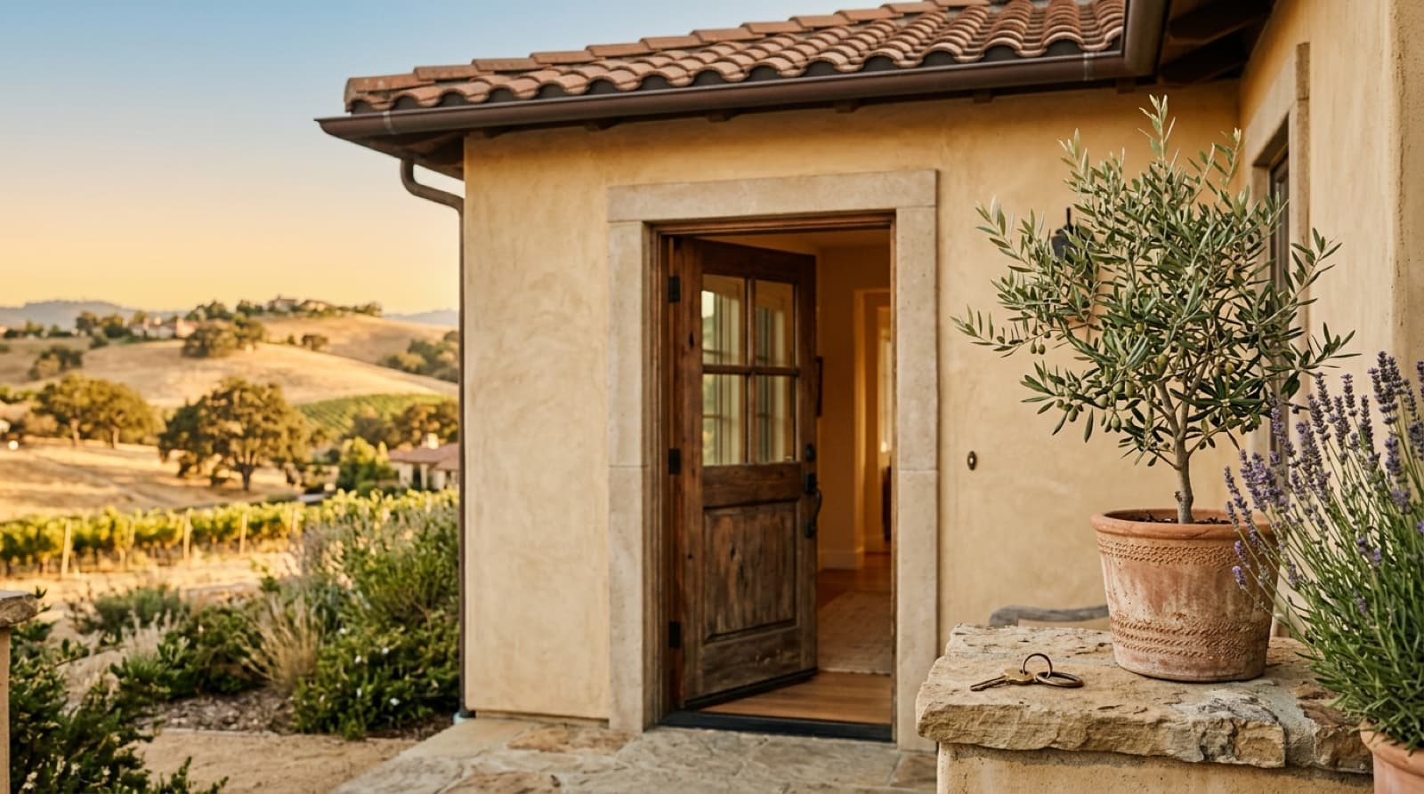 Open wooden front door of a single-story stucco home with a tile roof at golden hour, a house key on a stone ledge beside a potted olive tree and lavender, with vineyards and golden hills behind.