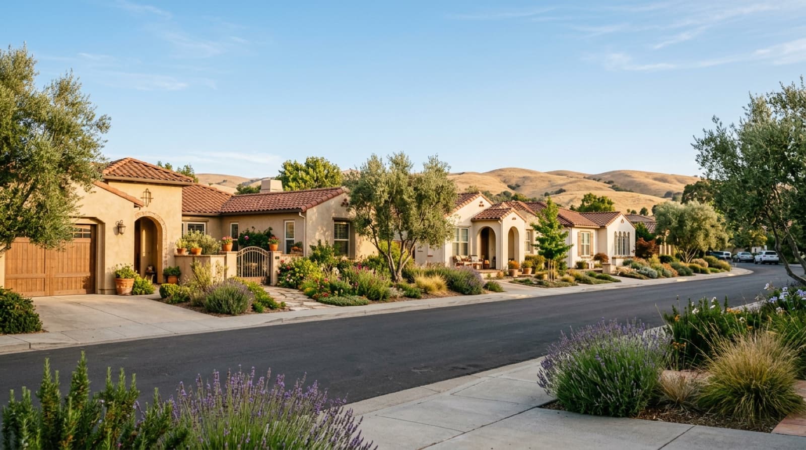 A quiet street of single-story tile-roof homes with olive trees and lavender gardens in warm late-afternoon light, golden hills behind them.
